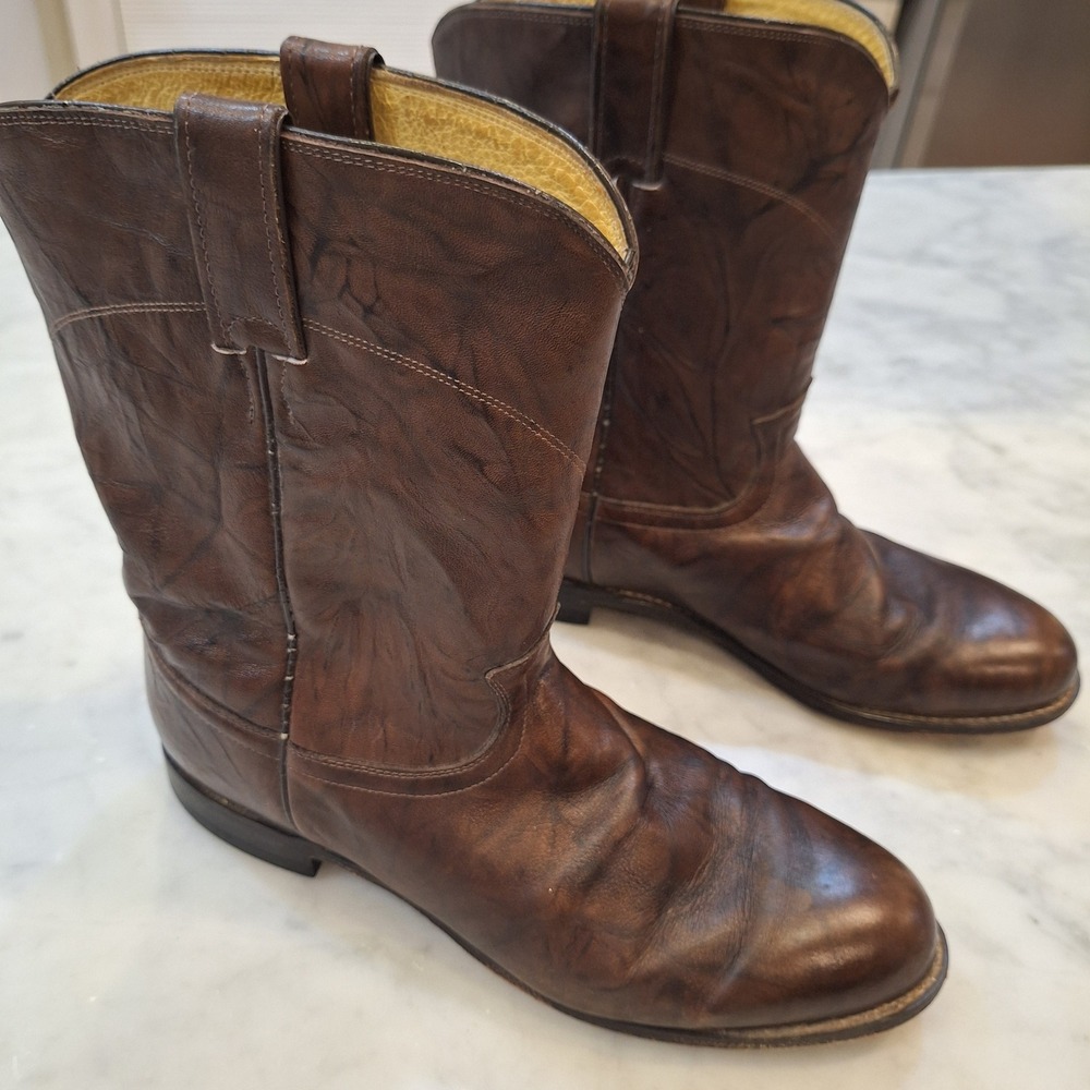Justin Roper Boots Mens 12 EE Brown Leather Western Round Toe 3162 Cowboy Work